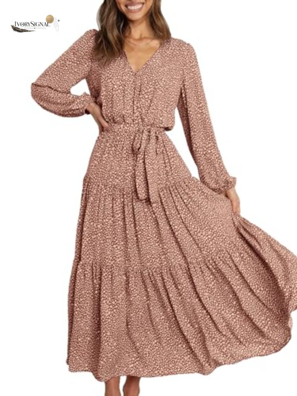 Womens Long Sleeve Boho Floral Wrap Maxi Dress V-Neck Tiered Ruffle